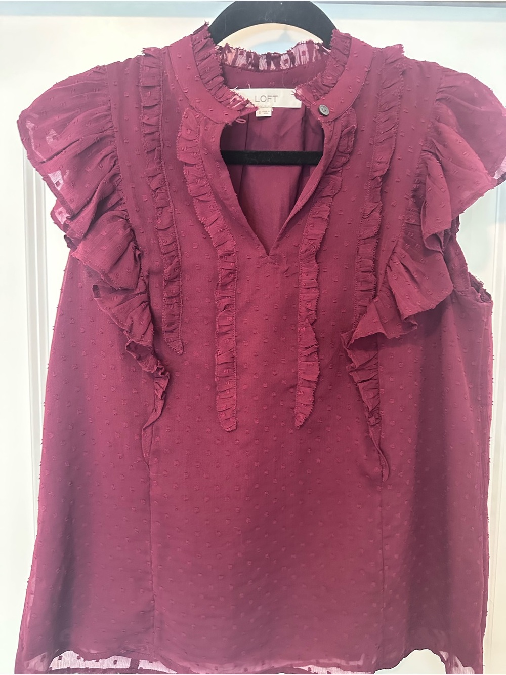 LOFT Burgundy Ruffle Swiss Dot Sleeveless Top